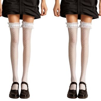 2 pc Women's Fishnet Thigh High Stockings with Ruffled Lace Top Detail and Soft Stretch Fit