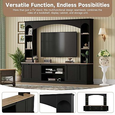 Arched Entertainment Center Wall Unit with Bookshelf and Adjustable Shelves for Living Room