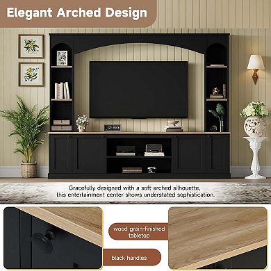 Arched Entertainment Center Wall Unit with Bookshelf and Adjustable Shelves for Living Room