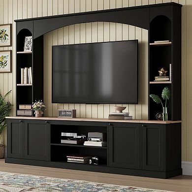 Arched Entertainment Center Wall Unit with Bookshelf and Adjustable Shelves for Living Room