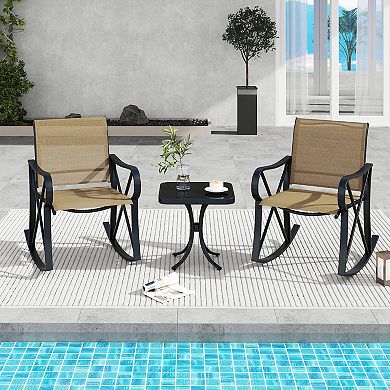 3 Piece Patio Rocking Bistro Set with Glass Side Table