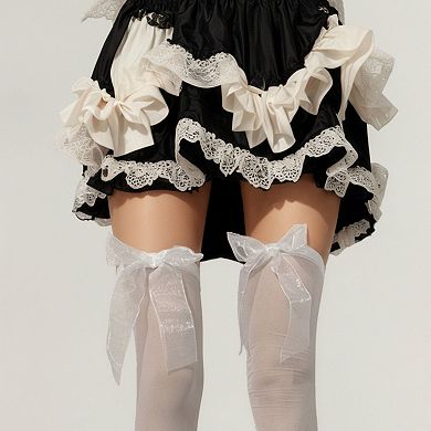 2pcs Women's Sheer Thigh High Stockings with Oversized Organza Bow Accents and Soft Stretch Fit