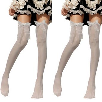 2 pc Women's Sheer Thigh High Stockings with Oversized Organza Bow Accents and Soft Stretch Fit