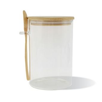 31.75oz with Lid & Spoon Decorative Jars 5.91" Height 1Set Wood Color Clear
