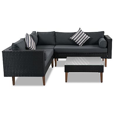Whisen 4-piece Outdoor Conversation Set, Wicker Sofa Set with Pillows