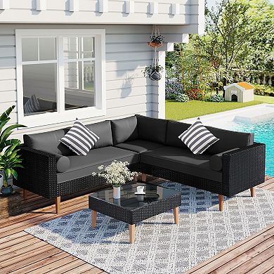 Whisen 4-piece Outdoor Conversation Set, Wicker Sofa Set with Pillows