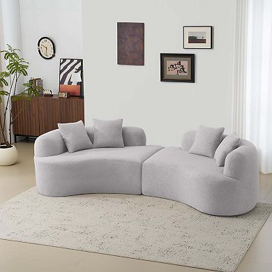 Curved Four Seater Grey Full Compression Sponge Sofa, Teddy Velvet Fabric, No-Assembly