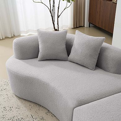 Curved Four Seater Grey Full Compression Sponge Sofa, Teddy Velvet Fabric, No-Assembly