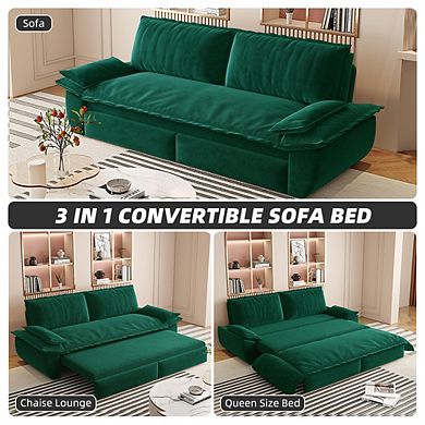 Whisen 3-in-1 Velvet Queen Sleeper Sofa Bed & Chaise Lounge & Loveseat Sofa, 2 Seats