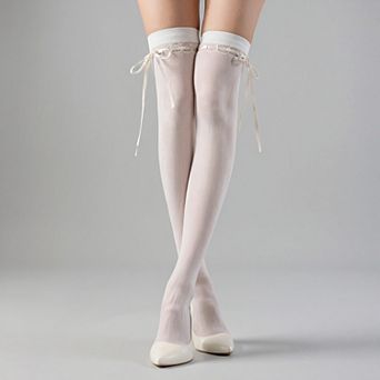 3 pc Women's Thigh High Stockings with Ribbon Tie Detail Stretch Knit Over the Knee Fashion Hosiery