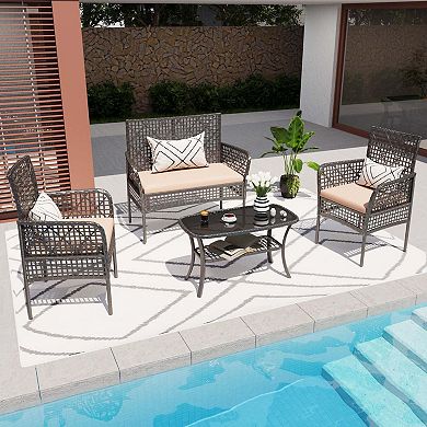 4 Pieces Outdoor Furniture Set Rattan Patio Conversation Set