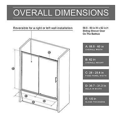 60" x 62" Adjustable Sliding Shower Door with Tempered Safety Glass