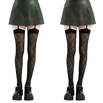 2 pc Women's Sheer Plaid Pattern Thigh High Tights with Elastic Band Top and Garter Style Detail