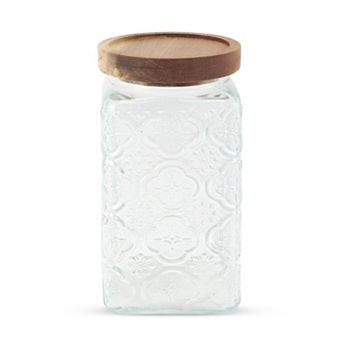 33.82oz Durable Flower Pattern Decorative Glass Jar with Lid Clear Wood Color 1 pc