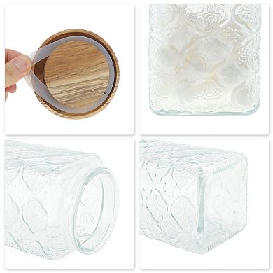 33.82oz Durable Flower Pattern Decorative Glass Jar with Lid Clear Wood Color 1 Pc
