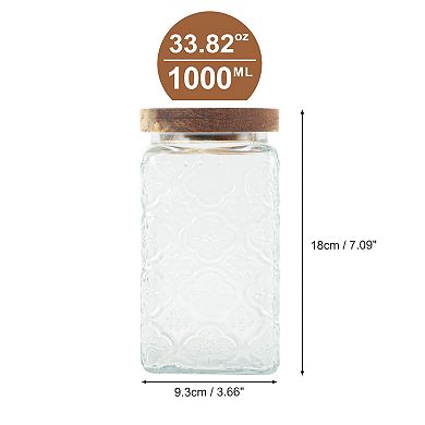33.82oz Durable Flower Pattern Decorative Glass Jar with Lid Clear Wood Color 1 Pc