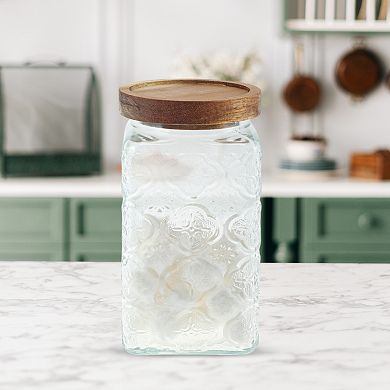 33.82oz Durable Flower Pattern Decorative Glass Jar with Lid Clear Wood Color 1 Pc