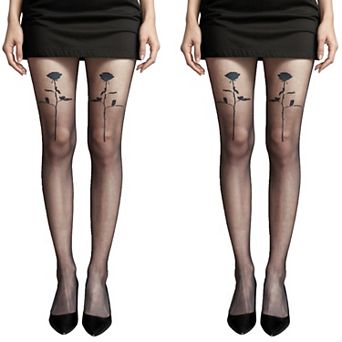 2 pc Women's Sheer Tights with Bold Floral Thigh Print Design