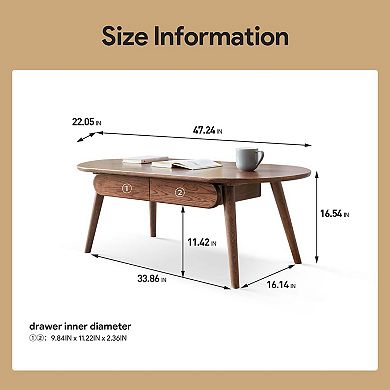 Solid Oak Coffee Table with Drawers and Modern Oval Design