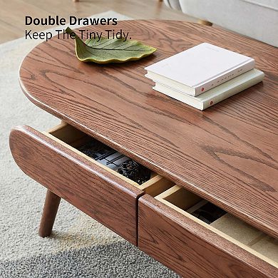 Solid Oak Coffee Table with Drawers and Modern Oval Design