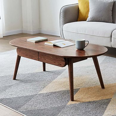 Solid Oak Coffee Table with Drawers and Modern Oval Design