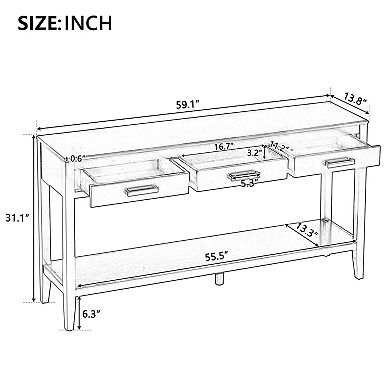 Whisen Farmhouse Console Table with 3 Drawers, Bottom Shelf & Iron Handles