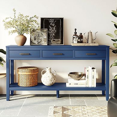 Whisen Farmhouse Console Table with 3 Drawers, Bottom Shelf & Iron Handles