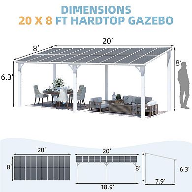20 ft. x 8 ft. Wall Mounted Gazebos Pergola with Aluminum Patio Cover Polycarbonate Roof