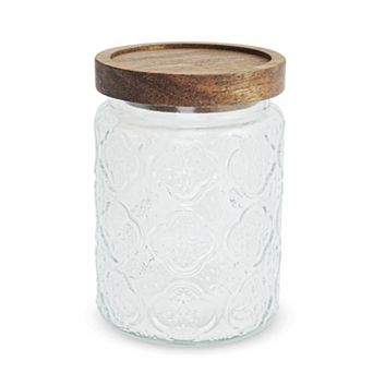 23.67oz Flower Pattern Decorative Glass Jar with Lid Clear Wood Color 1 pc