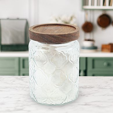 23.67oz Flower Pattern Decorative Glass Jar with Lid Clear Wood Color 1 Pc