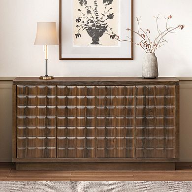 Whisen Modern 4-Door Storage Cabinet with 3D Geometric Doors and Metal-Reinforced Edging