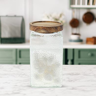 33.82oz Durable Texture Decorative Glass Jar with Lid Clear Wood Color 1 Pc