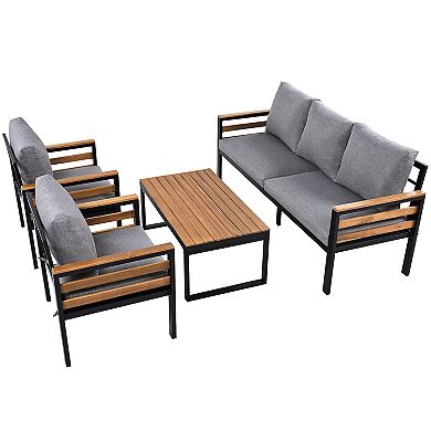 Whisen 4-Piece Outdoor Conversation Set, Metal And Wood Frame Outdoor Sofa Set