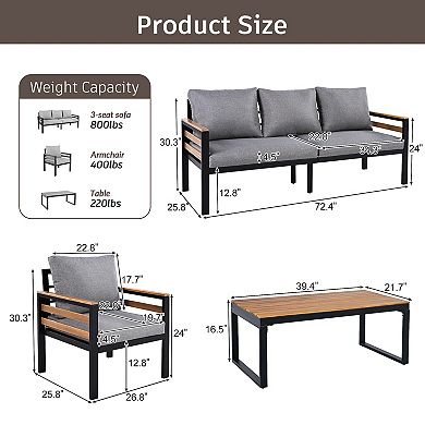 Whisen 4-Piece Outdoor Conversation Set, Metal And Wood Frame Outdoor Sofa Set