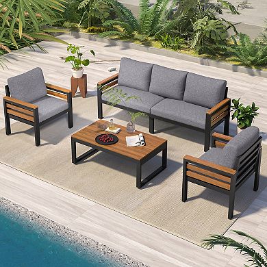 Whisen 4-Piece Outdoor Conversation Set, Metal And Wood Frame Outdoor Sofa Set