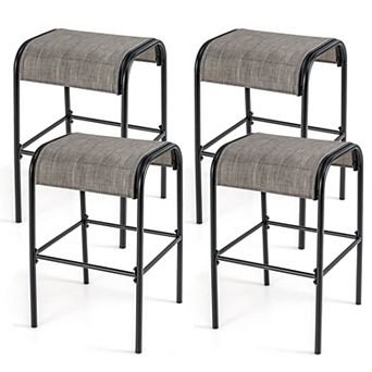 Set of 4 Patio Metal Bar Stools with Curved Fabric Seat and Footrest