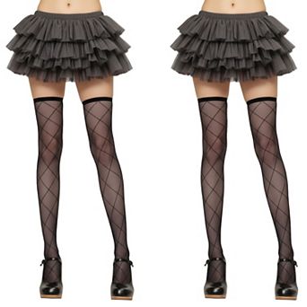 2 pc Women's Sheer Diamond Pattern Thigh High Stockings with Soft Stretch Fit