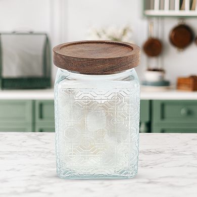 25.36oz Durable Window Paper Pattern Decorative Glass Jar with Lid Clear Wood Color 1 Pc