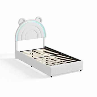 Twin Size Velvet Upholstered Bed Frame - 2 Storage Drawers & LED Rainbow Headboard, Noise-Free