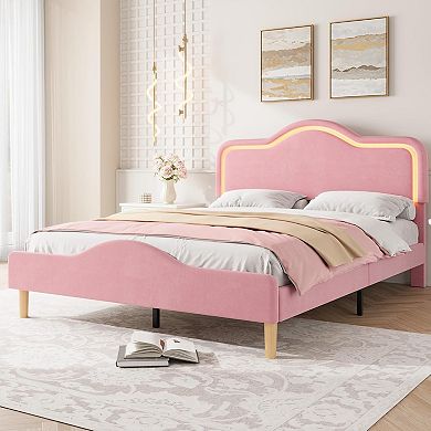 Twin/Full/Queen Size Velvet Princess LED Bed Frame, Headboard & Footboard, Wooden Slats Support