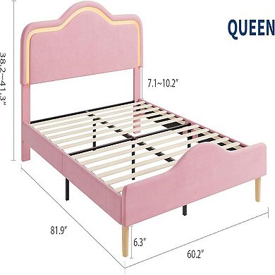 Twin/Full/Queen Size Velvet Princess LED Bed Frame, Headboard & Footboard, Wooden Slats Support