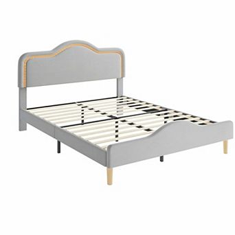 Twin/Full/Queen Size Velvet Princess LED Bed Frame, Headboard & Footboard, Wooden Slats Support