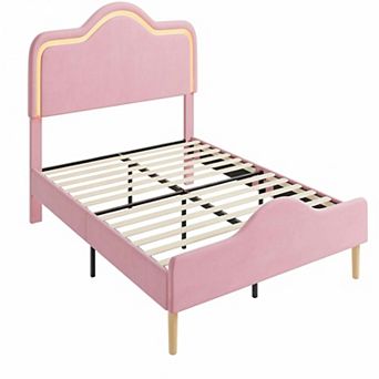 Twin/Full/Queen Size Velvet Princess LED Bed Frame, Headboard & Footboard, Wooden Slats Support