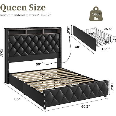 Full/Queen/King Size Platform Upholstered Bed Frame - 50.8in Tall Headboard, 4 Storage Drawers