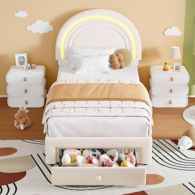 Twin Size Berber Fleece Princess Bed Frame,LED Lights,Rainbow Headboard & Storage Drawer,Wooden Slat