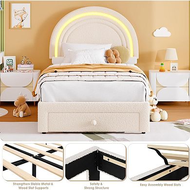 Twin Size Berber Fleece Princess Bed Frame,LED Lights,Rainbow Headboard & Storage Drawer,Wooden Slat