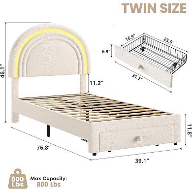 Twin Size Berber Fleece Princess Bed Frame,LED Lights,Rainbow Headboard & Storage Drawer,Wooden Slat