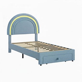 Twin Size Berber Fleece Princess Bed Frame,LED Lights,Rainbow Headboard & Storage Drawer,Wooden Slat