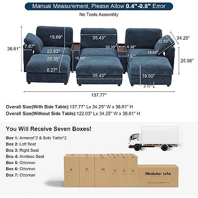 CEWOR Modular Sofa Set with 3 Ottoman, Convertible Armrest Table, Flexible for Growing Families
