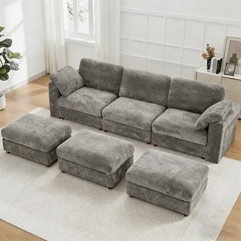 CEWOR Modular Sofa Set with 3 Ottoman, Convertible Armrest Table, Flexible for Growing Families